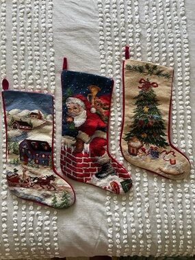 Classic Needlepoint Christmas Stockings - Red, Green, Cream (Set of 3)